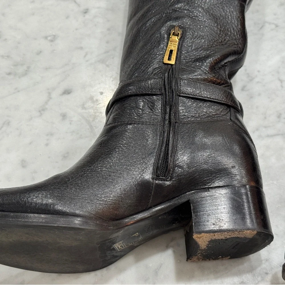 Prada Black Leather Tall Boots with Gold Logo Emblem - Picture 5 of 12